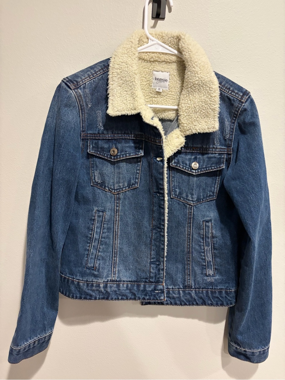 Kensie Kids Dark Blue Denim Jacket with Cream Sherpa Collar